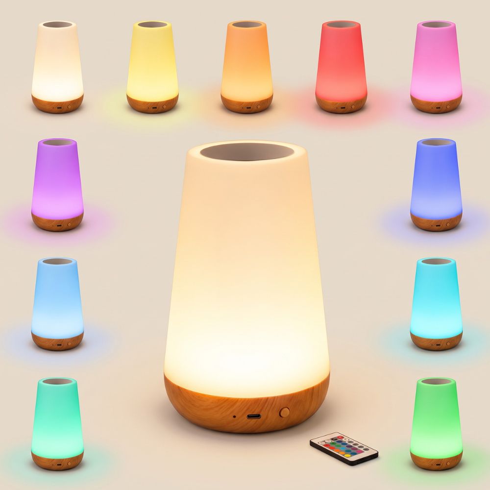 Veilleuse bébé rechargeable avec télécommande entourée de sa palette de 13 couleurs