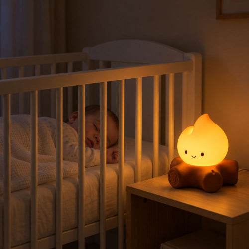 Bébé endormi dans son lit avec une veilleuse bruit blanc allumée sur la table de chevet
