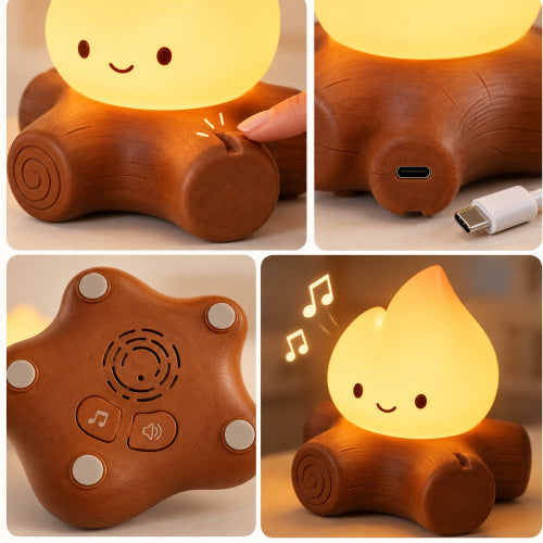 Collage des détails techniques de la veilleuse bruit blanc bébé : bouton, port USB-C, haut-parleur