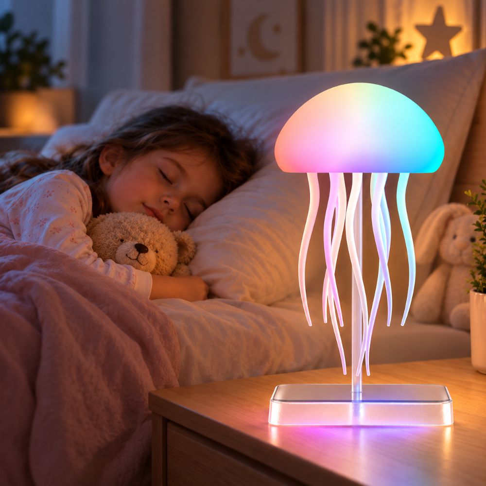 Veilleuse enfant en forme de méduse allumée sur une table de chevet, fillette endormie dans son lit