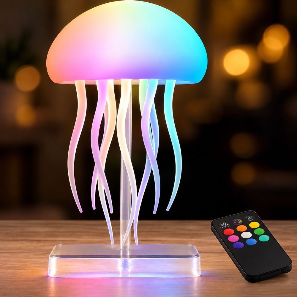 Lampe méduse enfant aux couleurs dégradées, ambiance tamisée avec lumières en arrière-plan