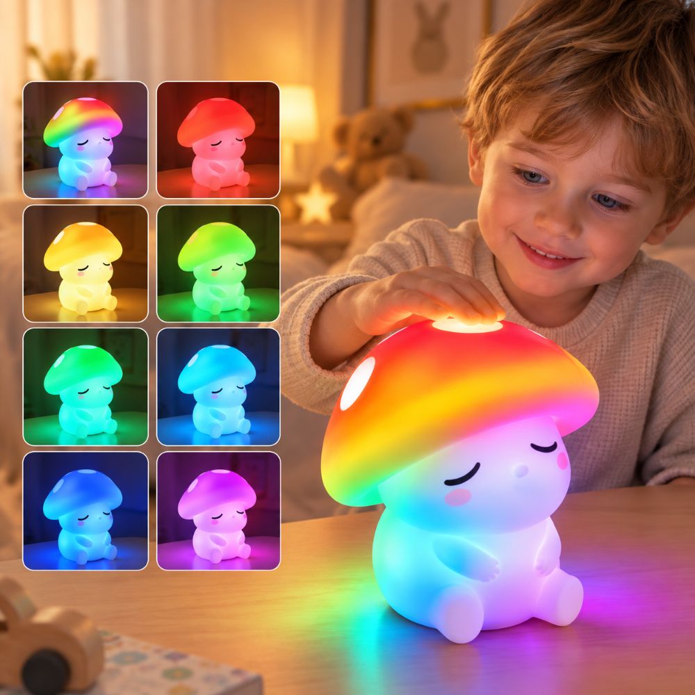 Veilleuse champignon multicolore présentée en huit couleurs, enfant touchant le sommet de la lampe