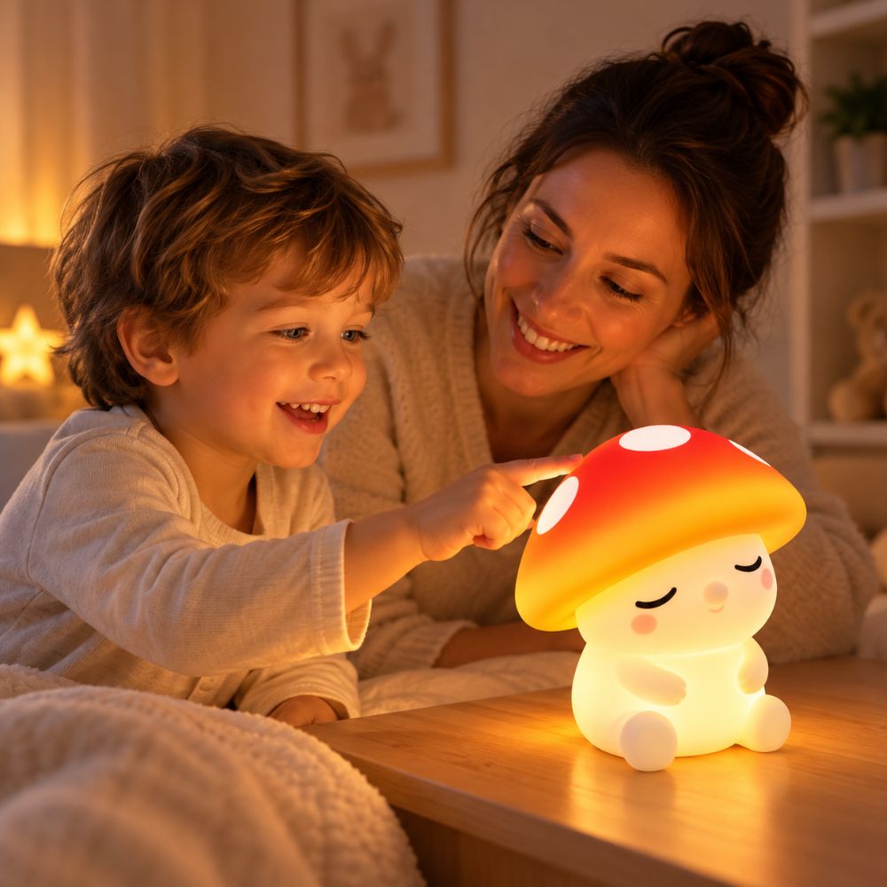Enfant et maman touchant ensemble le sommet de la veilleuse champignon allumée en orange