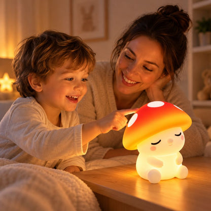 Enfant et maman touchant ensemble le sommet de la veilleuse champignon allumée en orange