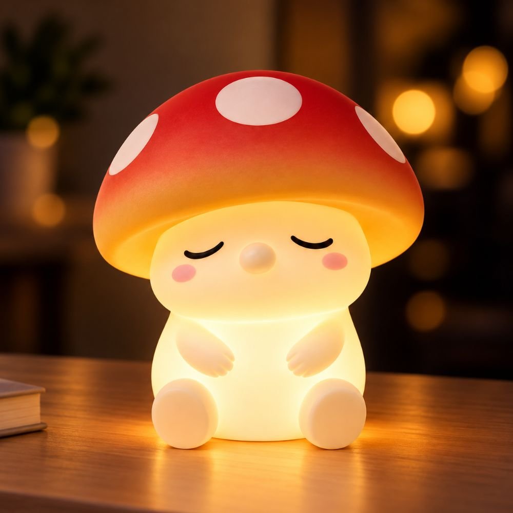 Veilleuse champignon rouge et orange allumée en ambiance tamisée sur une table