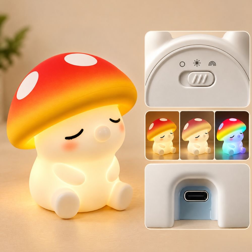 Infographie veilleuse champignon : réglage tactile de la luminosité et des couleurs, trois modes d'éclairage, port de charge USB-C