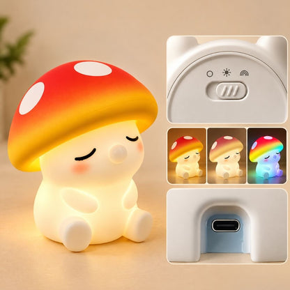 Infographie veilleuse champignon : réglage tactile de la luminosité et des couleurs, trois modes d'éclairage, port de charge USB-C