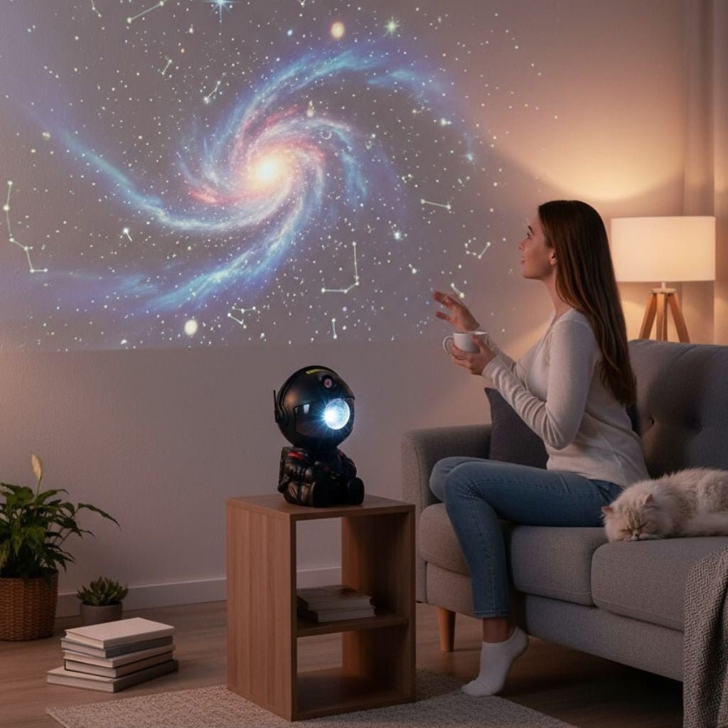 Veilleuse projection multicolore créant une galaxie étoilée apaisante