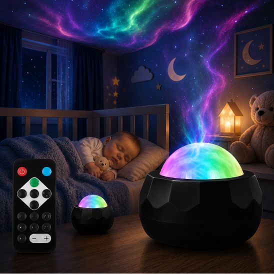 Veilleuse projection ciel étoilé aurore boréale noire avec projection galaxie colorée au plafond et bébé endormi