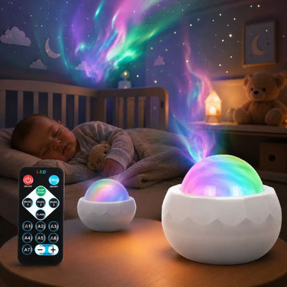 Veilleuse projection ciel étoilé aurore boréale blanche avec télécommande posée près d un bébé endormi