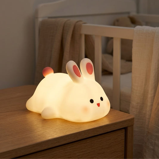 Veilleuse rechargeable en forme de lapin allumée sur la commode de la chambre de bébé